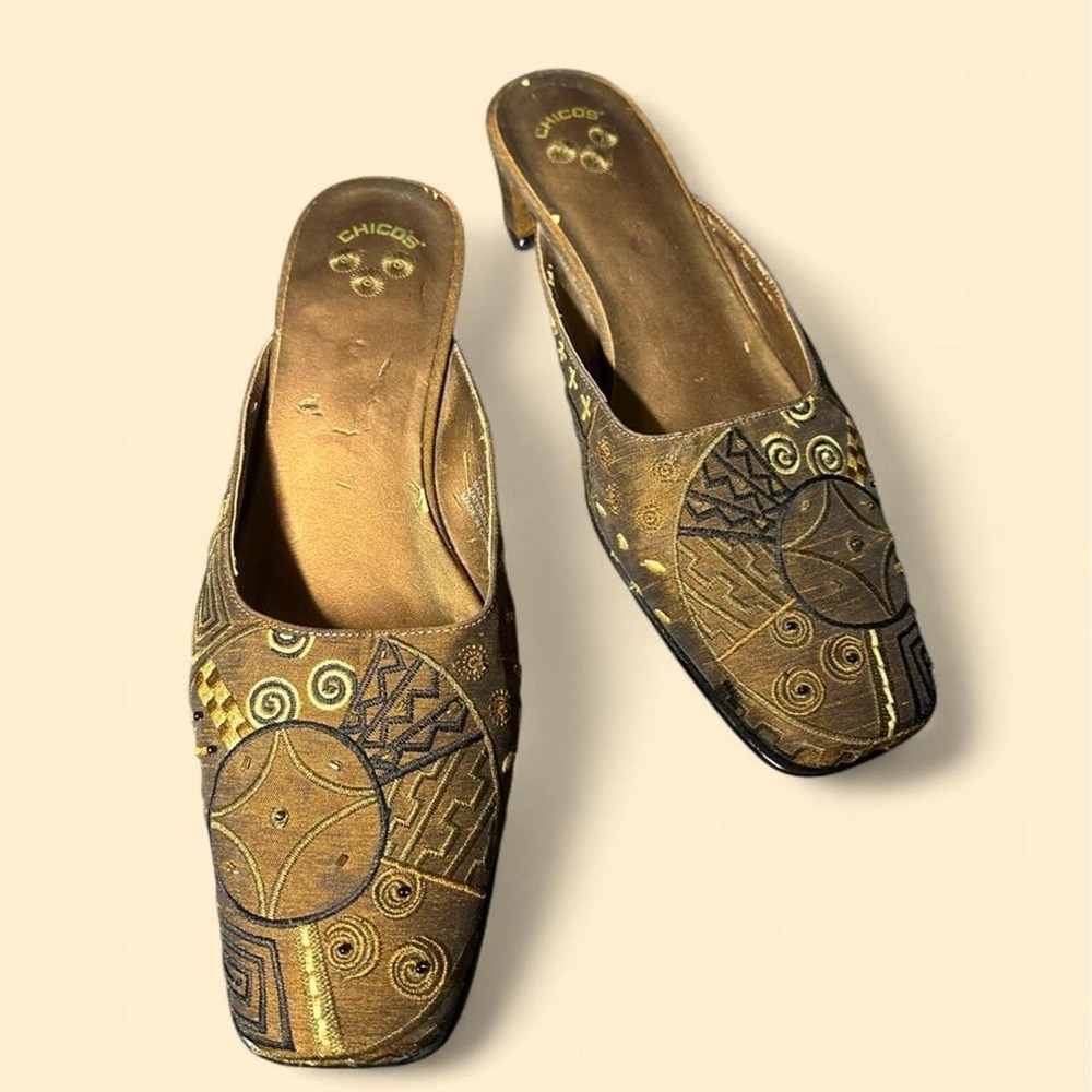 Vintage Chico's Mules 7M Brown Whimsygoth Fairy Embellished Square Toe Low Heels